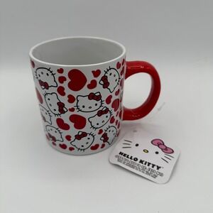 Hello Kitty Ceramic Mug 12 oz Heart Pattern Red Handle Coffee Tea Cup New